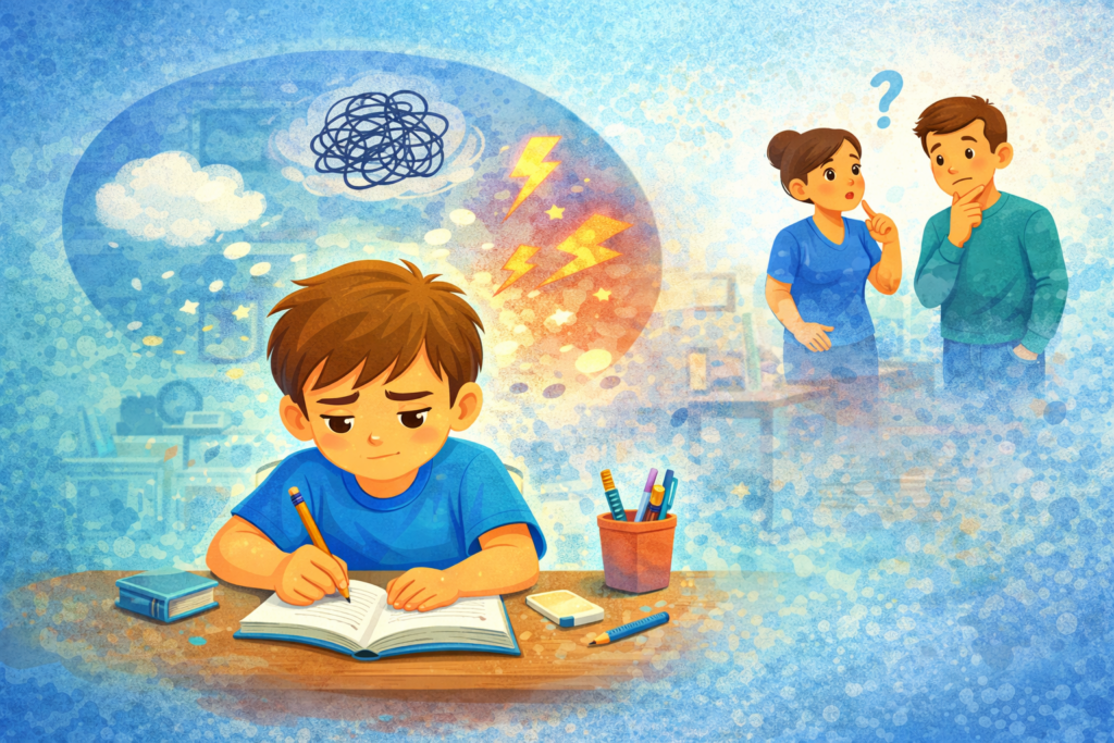 Boy focused on homework with distractions